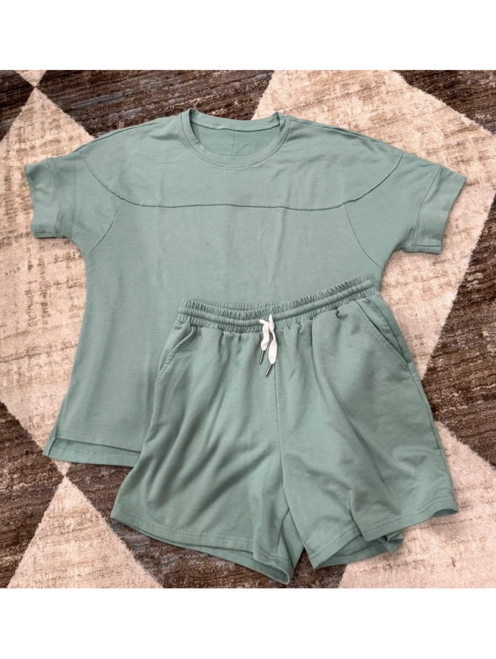 No Label Women's Sage Green Lounge Set Size M - Boxy Top & Drawstring Shorts